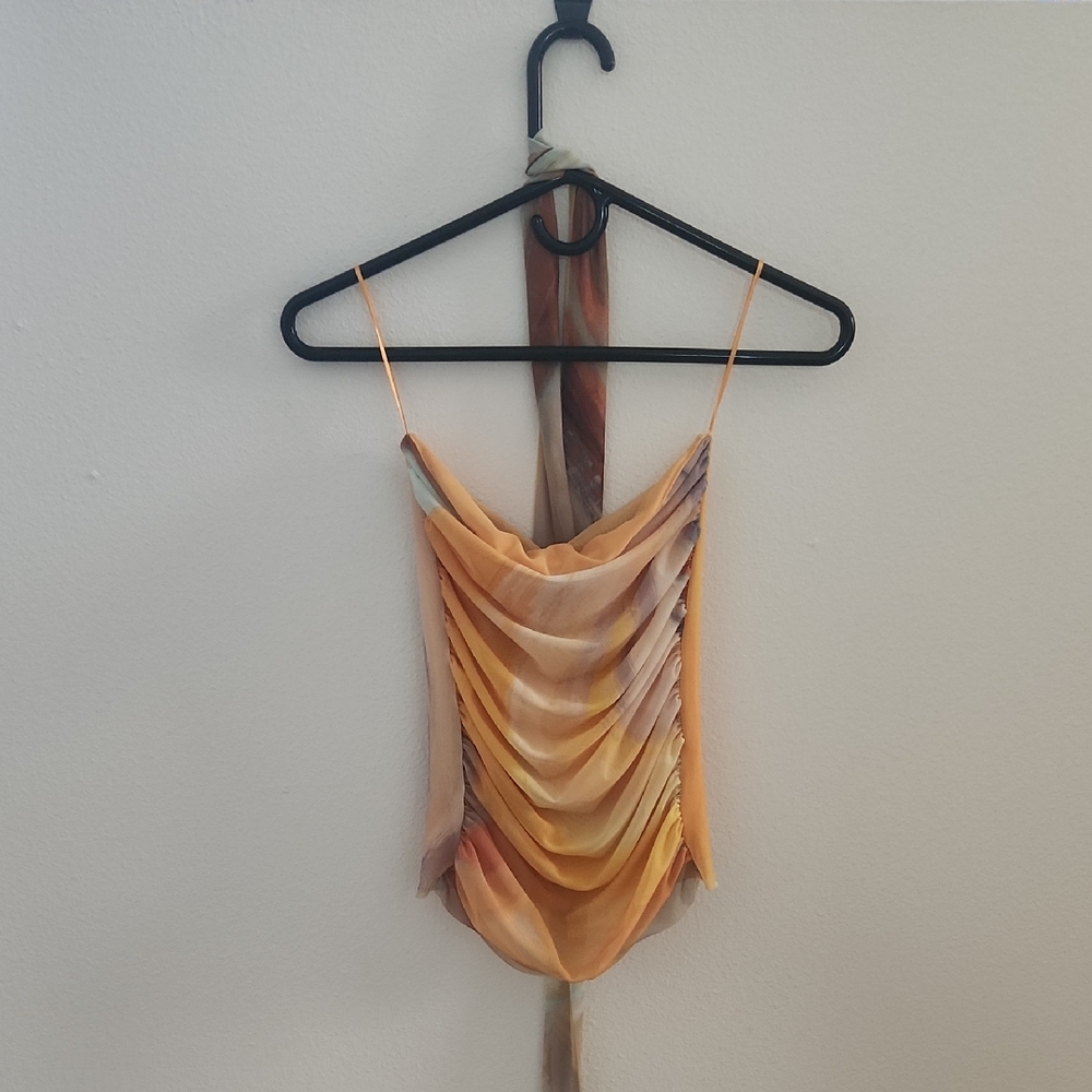 Zara Orange and Brown Draped Strapless Top